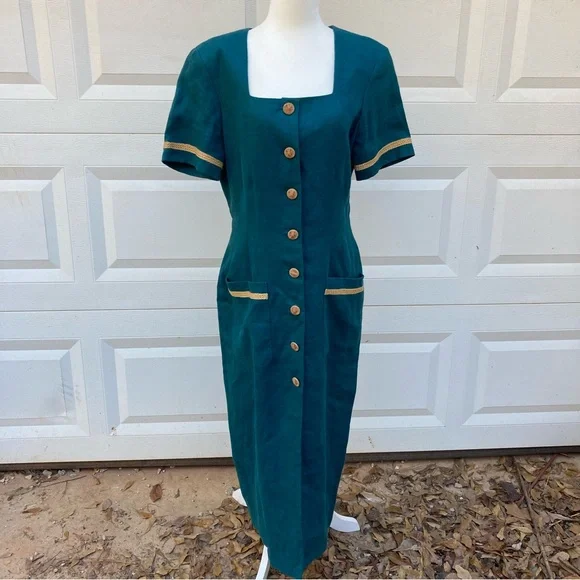 Liz Claiborne Vintage Linen Maxi Dress Womens 10 Green 90s Button Front Pockets - Picture 4 of 16